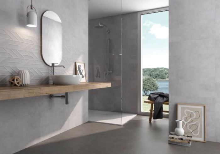 Volta Perla Decor ceramic tiles fitted in a room, grey, matt
