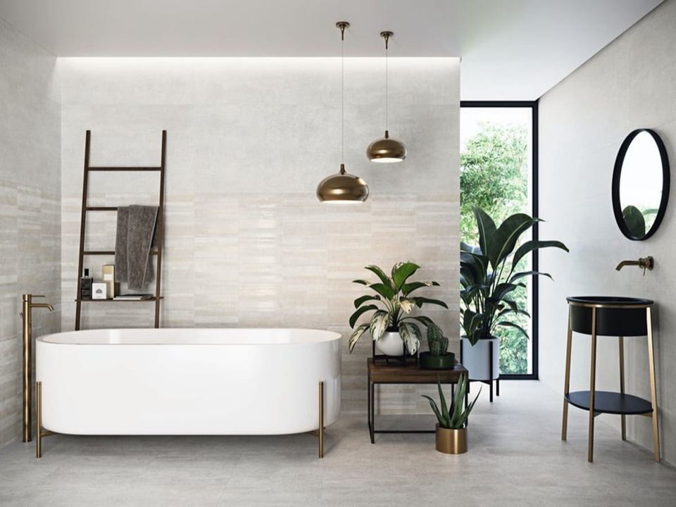 Wind Perla ceramic tiles fitted in a room, grey, matt