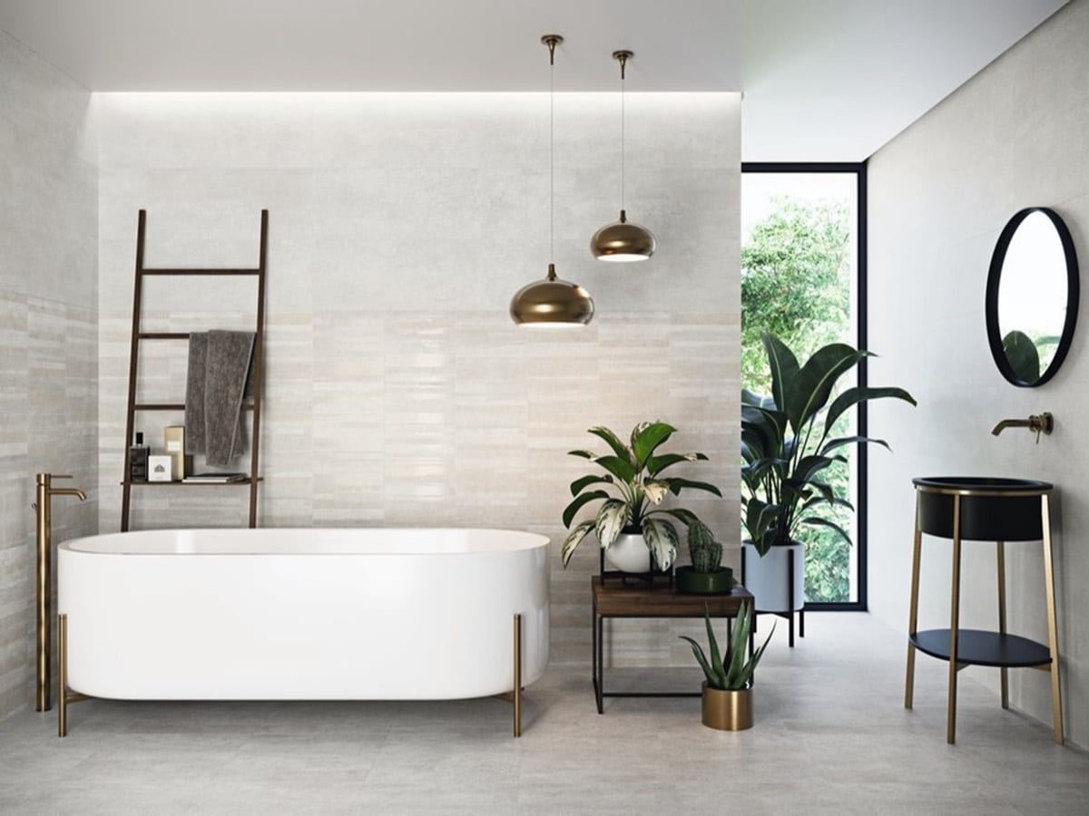 Wind Perla ceramic tiles fitted in a room, grey, matt