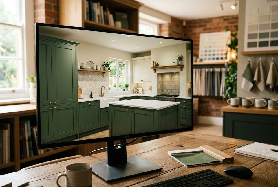 A 3D kitchen visual on the designer's screen