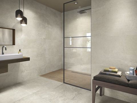 Zermatt Natural ceramic tiles fitted in a room, cream & beige, matt