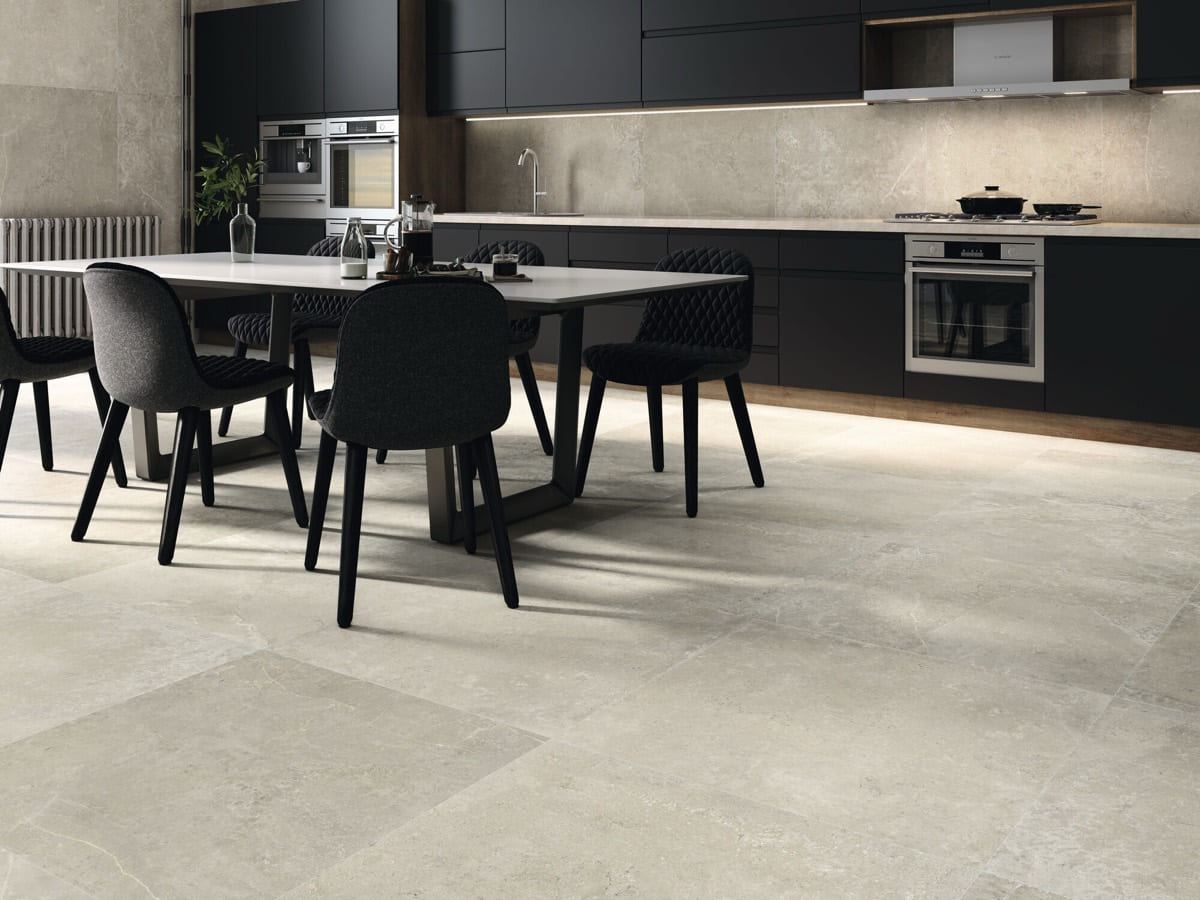 Zermatt Natural porcelain tiles fitted in a room, cream & beige, matt