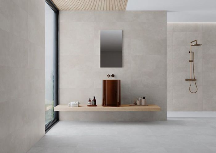 Ziro Crema ceramic tiles fitted in a room, cream & beige, satin